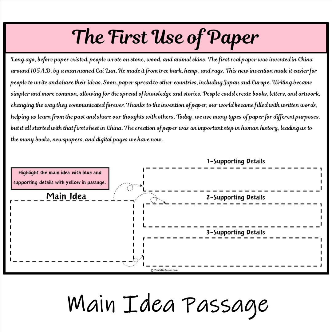 The First Use of Paper | Main Idea and Supporting Details Reading Passage and Questions