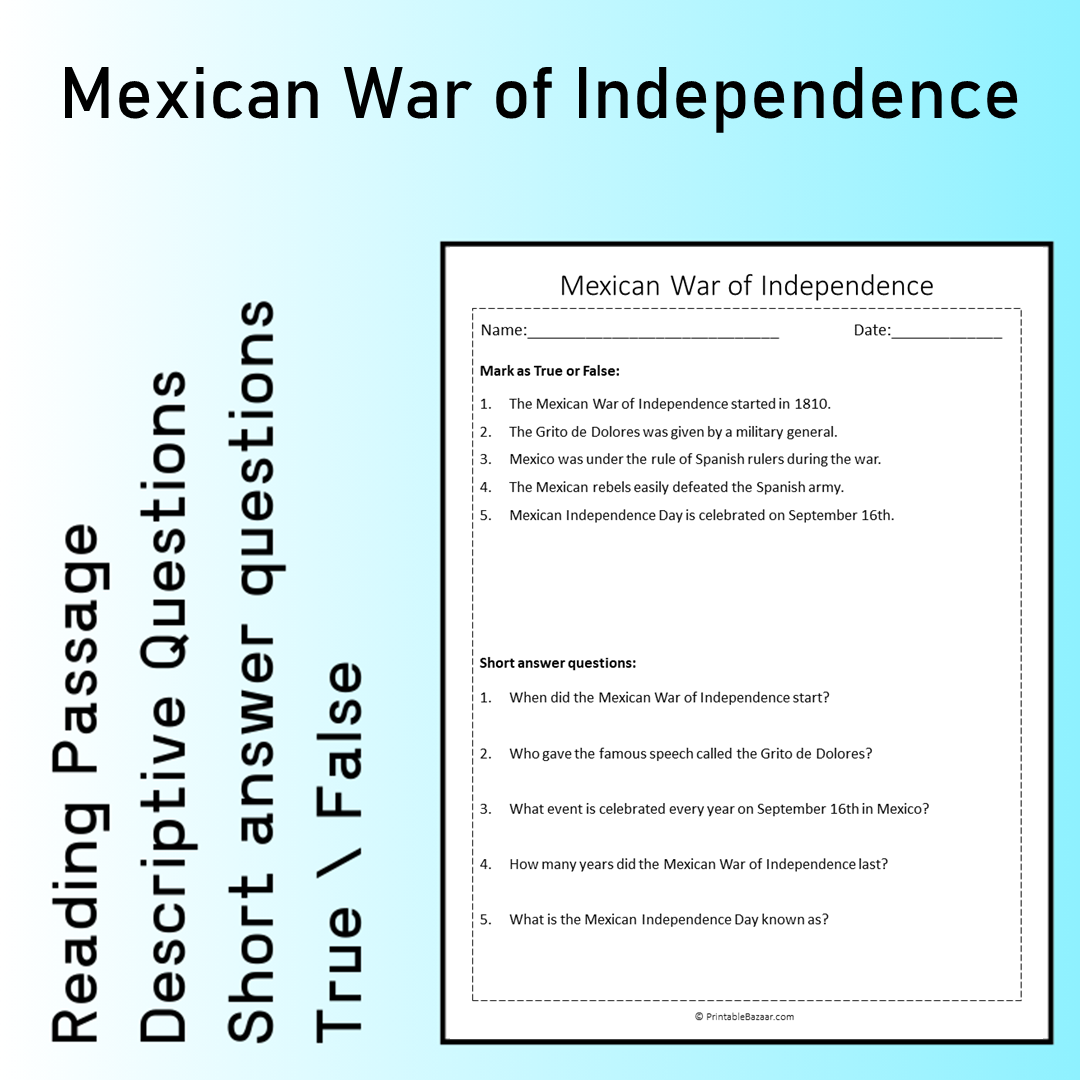 Mexican War of Independence | Reading Comprehension Passage Printable Worksheet