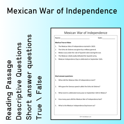 Mexican War of Independence | Reading Comprehension Passage Printable Worksheet