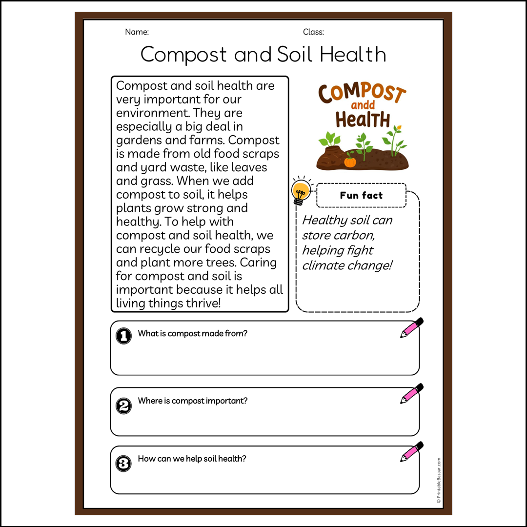 Compost and Soil Health | Reading Passage Comprehension Questions Writing Facts Worksheet