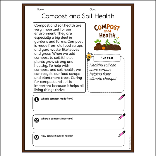 Compost and Soil Health | Reading Passage Comprehension Questions Writing Facts Worksheet