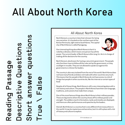 All About North Korea | Reading Comprehension Passage Printable Worksheet