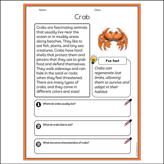 Crab | Reading Passage Comprehension Questions Writing Facts Worksheet