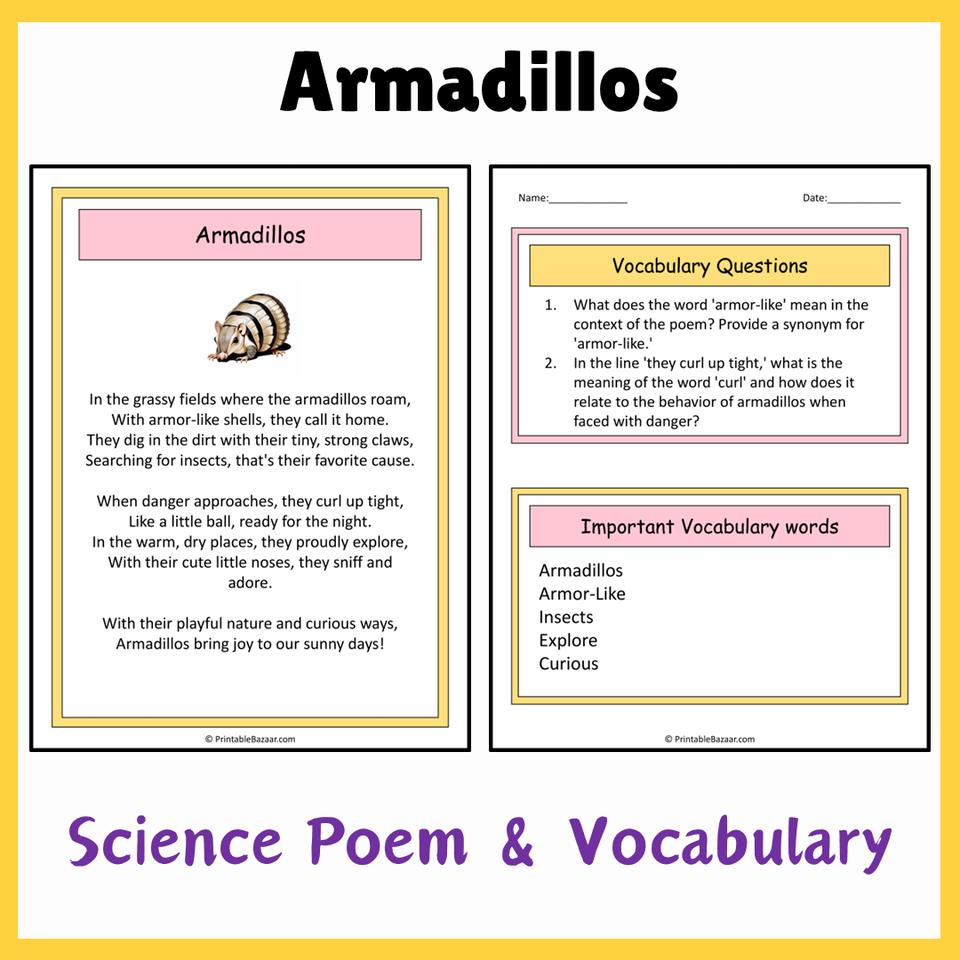 Armadillos | Science Poem Reading Comprehension Activity