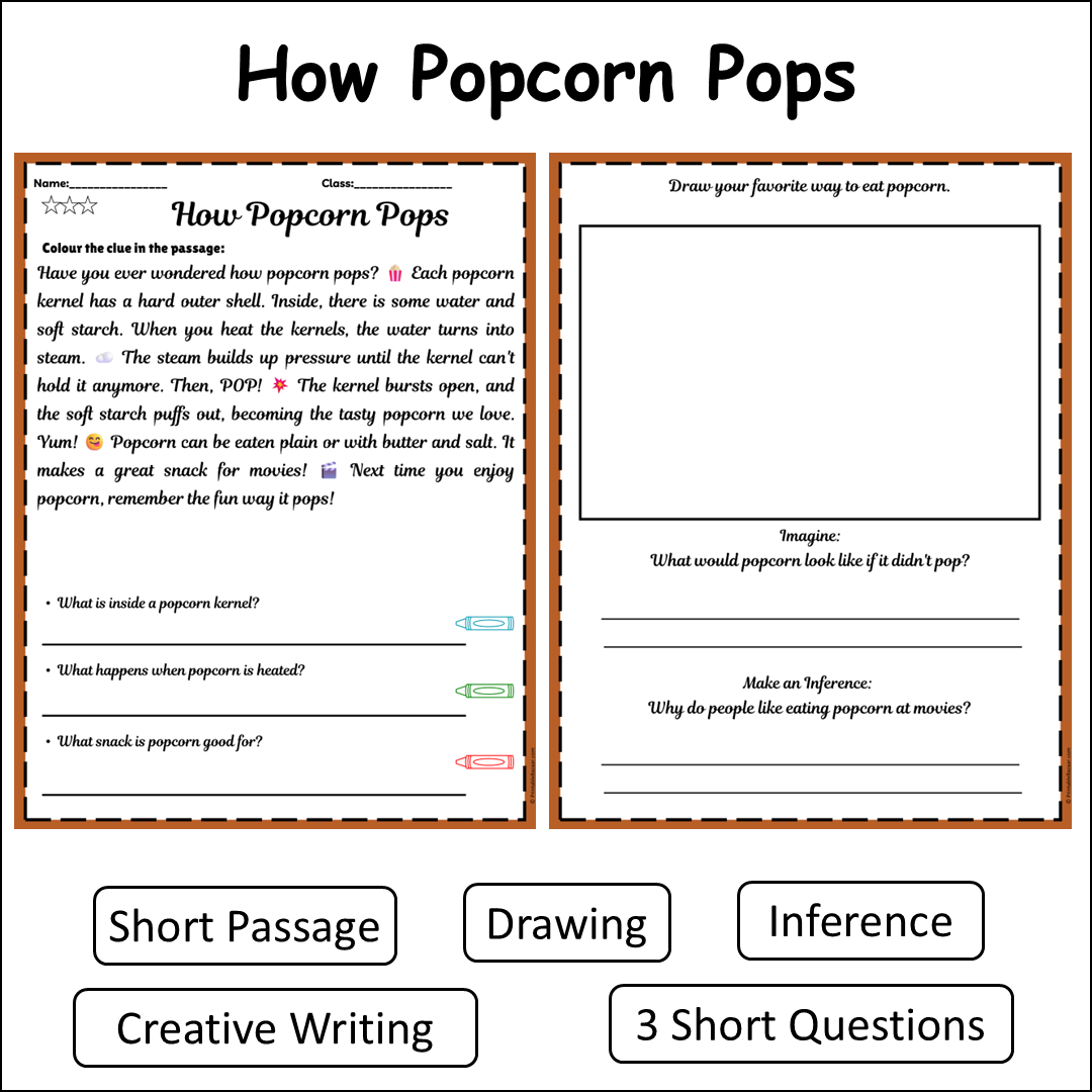 How Popcorn Pops | Short Reading Comprehension Creative Worksheet