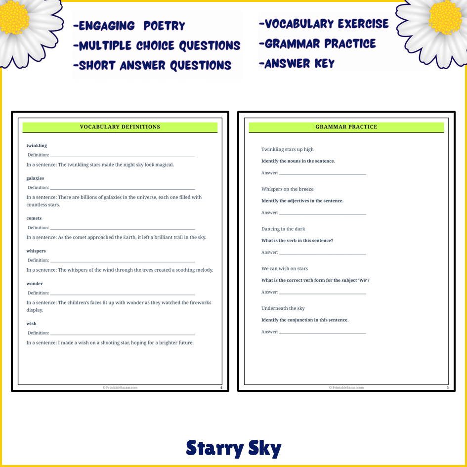 Starry Sky | Poem Grammar Worksheet Printable Activity