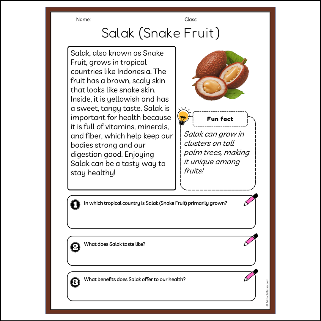 Salak (Snake Fruit) | Reading Passage Comprehension Questions Writing Facts Worksheet