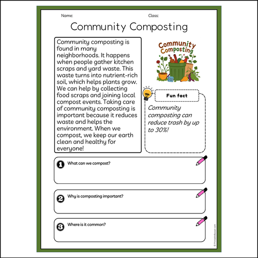 Community Composting | Reading Passage Comprehension Questions Writing Facts Worksheet