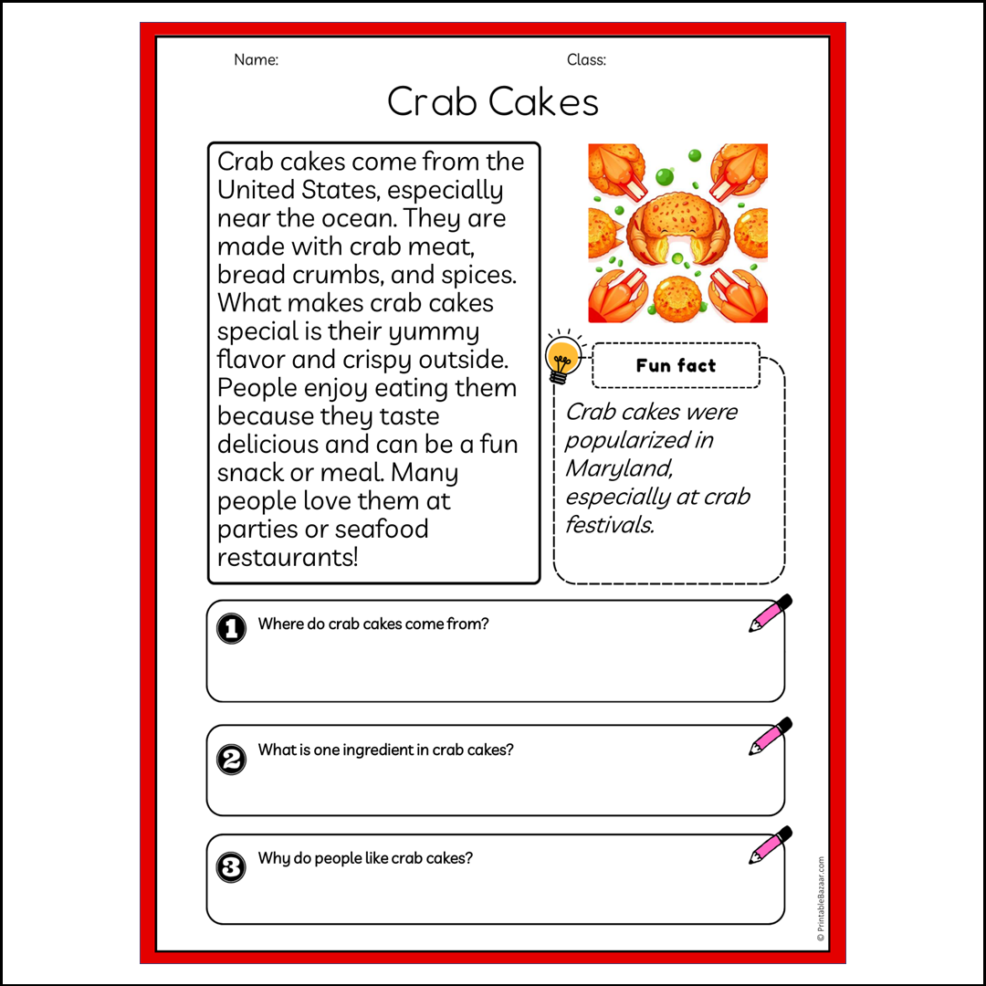 Crab Cakes | Reading Passage Comprehension Questions Writing Facts Worksheet