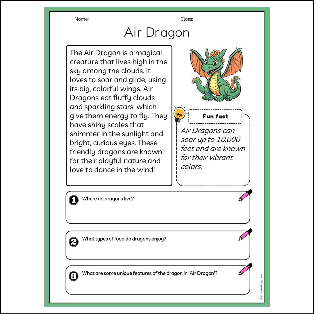 Air Dragon | Reading Passage Comprehension Questions Writing Facts Worksheet