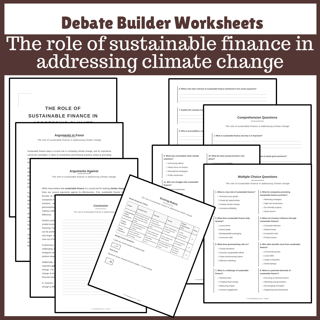 The role of sustainable finance in addressing climate change | Favour and Against Worksheet Printable Activity