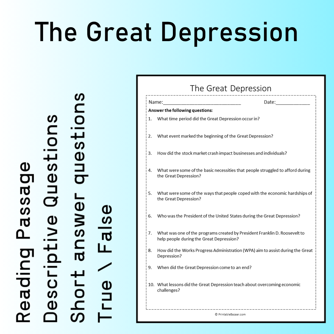 The Great Depression | Reading Comprehension Passage Printable Worksheet