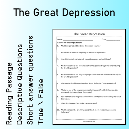 The Great Depression | Reading Comprehension Passage Printable Worksheet