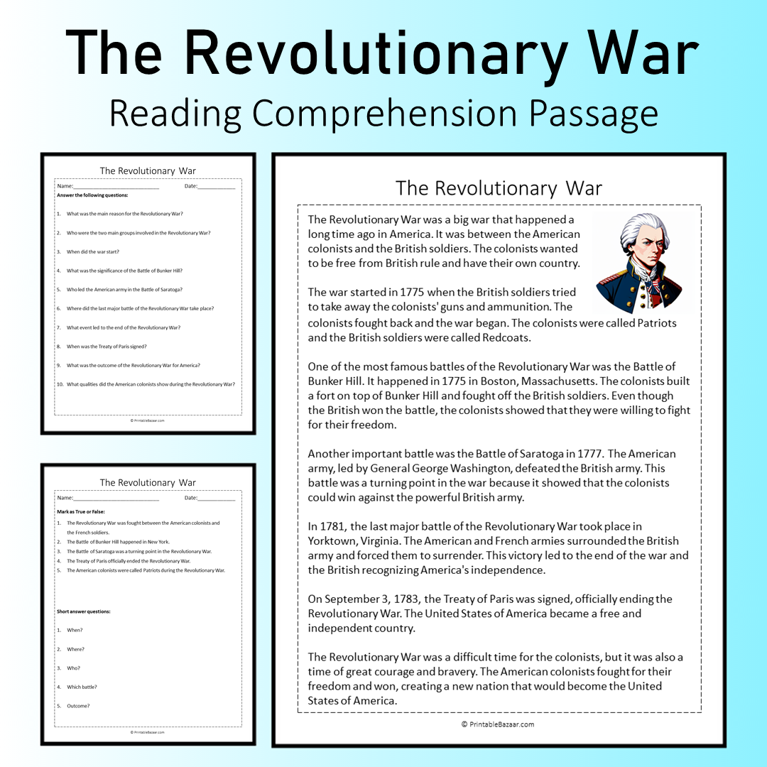 The Revolutionary War | Reading Comprehension Passage Printable Worksheet