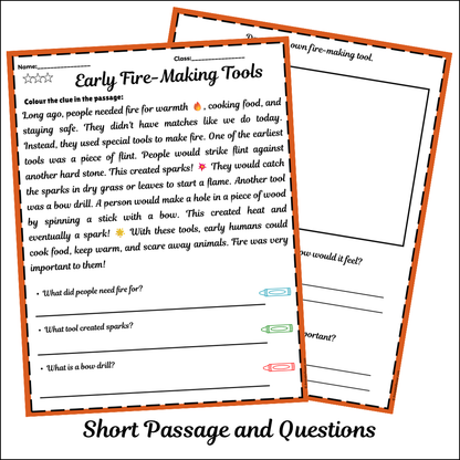 Early Fire-Making Tools | Short Reading Comprehension Creative Worksheet