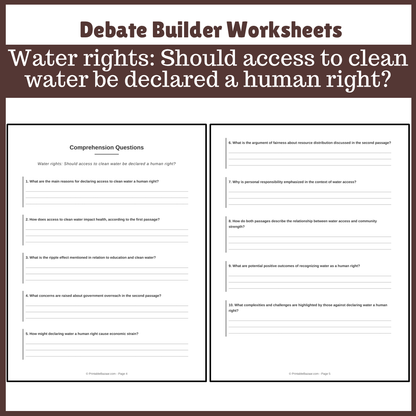 Water rights: Should access to clean water be declared a human right? | Favour and Against Worksheet Printable Activity