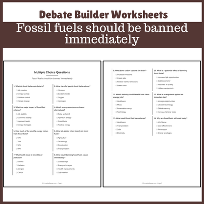 Fossil fuels should be banned immediately | Favour and Against Worksheet Printable Activity