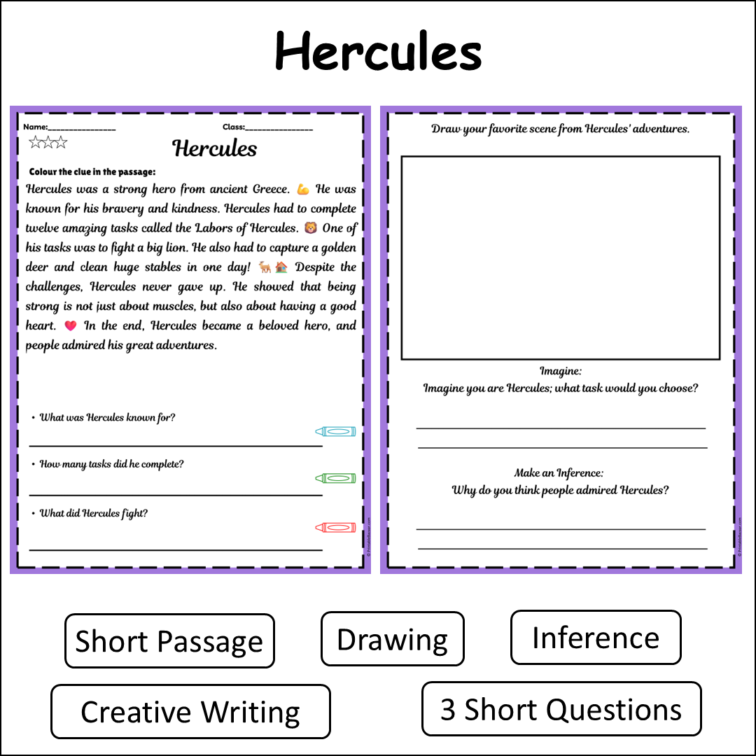 Hercules | Short Reading Comprehension Creative Worksheet
