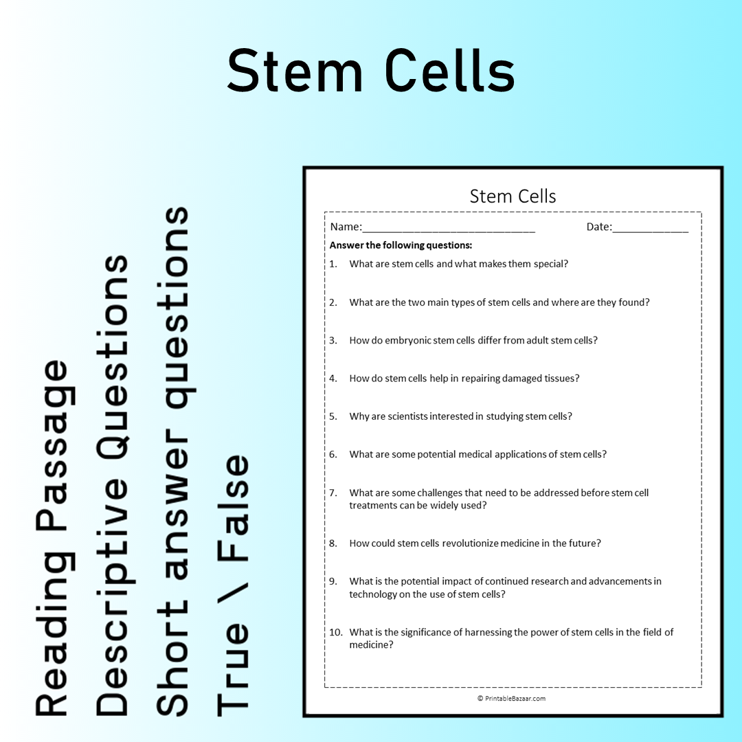Stem Cells | Reading Comprehension Passage Printable Worksheet