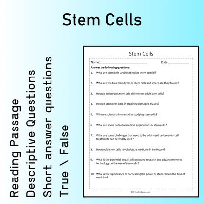 Stem Cells | Reading Comprehension Passage Printable Worksheet