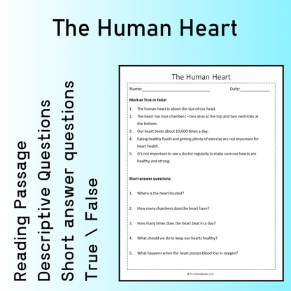 The Human Heart | Reading Comprehension Passage Printable Worksheet