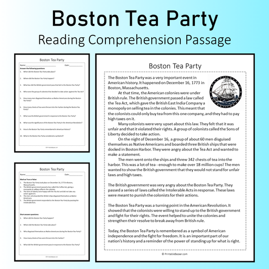 Boston Tea Party | Reading Comprehension Passage Printable Worksheet