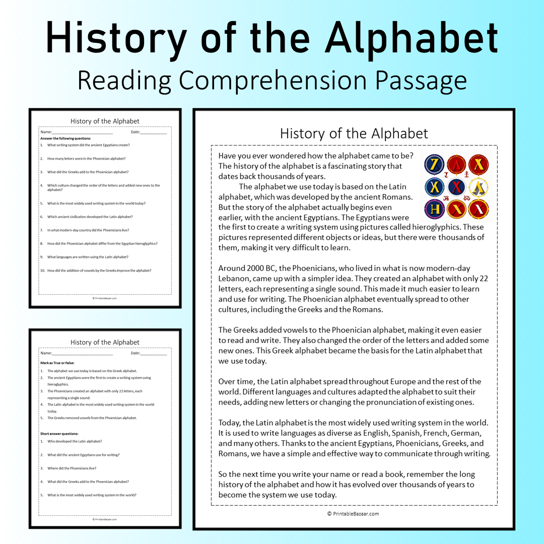 History of the Alphabet | Reading Comprehension Passage Printable Worksheet
