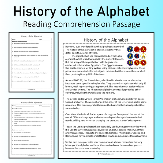 History of the Alphabet | Reading Comprehension Passage Printable Worksheet