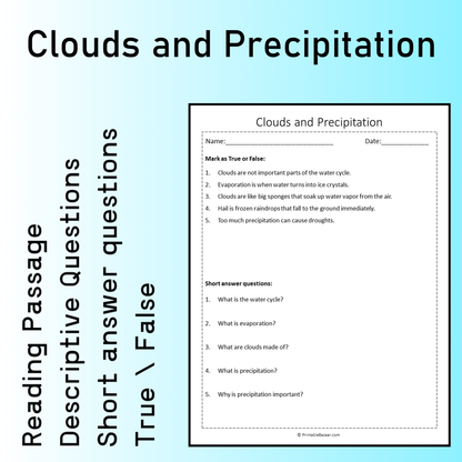 Clouds and Precipitation | Reading Comprehension Passage Printable Worksheet