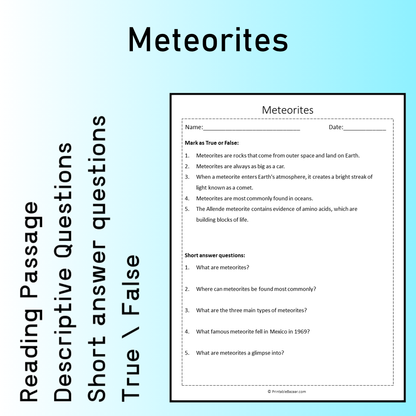 Meteorites | Reading Comprehension Passage Printable Worksheet