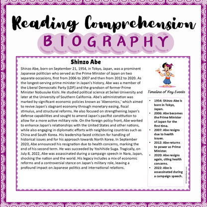 Shinzo Abe | Biography Reading Comprehension and Questions Worksheet