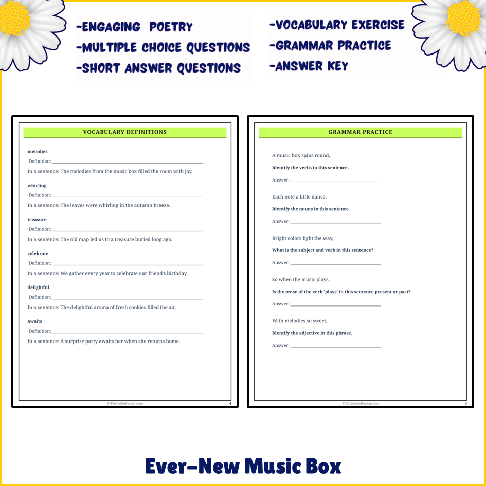 Ever-New Music Box | Poem Grammar Worksheet Printable Activity