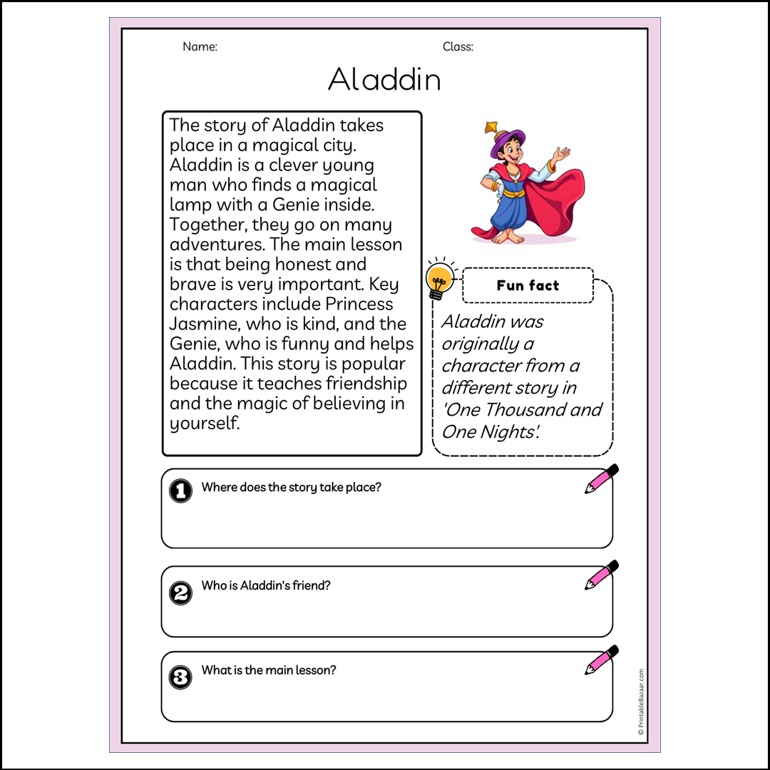 Aladdin | Reading Passage Comprehension Questions Writing Facts Worksheet