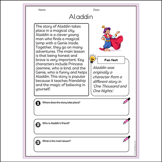 Aladdin | Reading Passage Comprehension Questions Writing Facts Worksheet