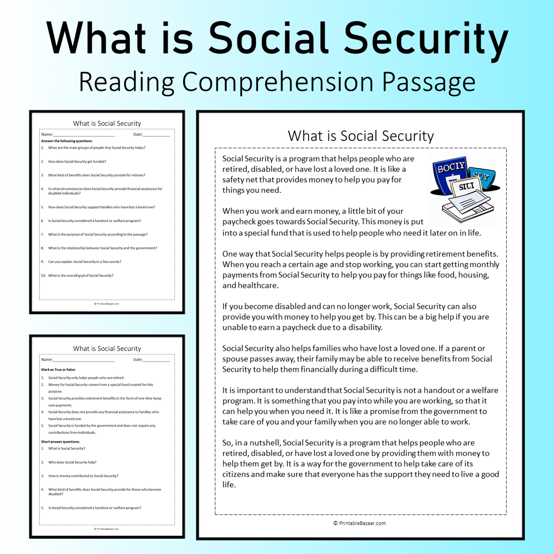 What is Social Security | Reading Comprehension Passage Printable Worksheet