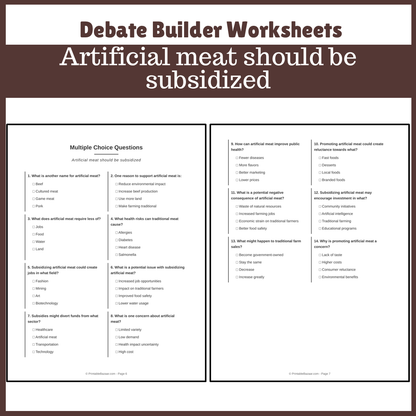 Artificial meat should be subsidized | Favour and Against Worksheet Printable Activity