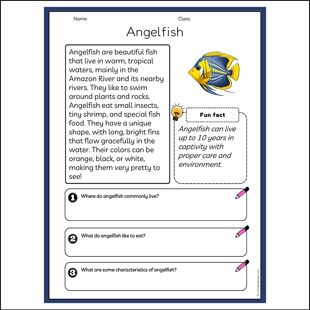 Angelfish | Reading Passage Comprehension Questions Writing Facts Worksheet