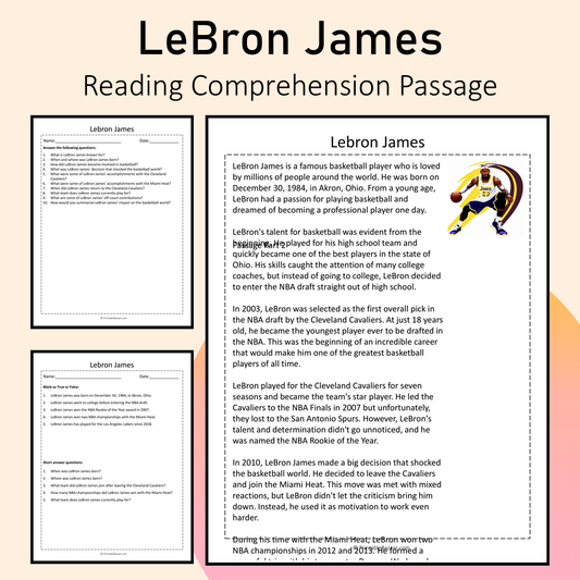 LeBron James | Reading Comprehension Passage Printable Activity