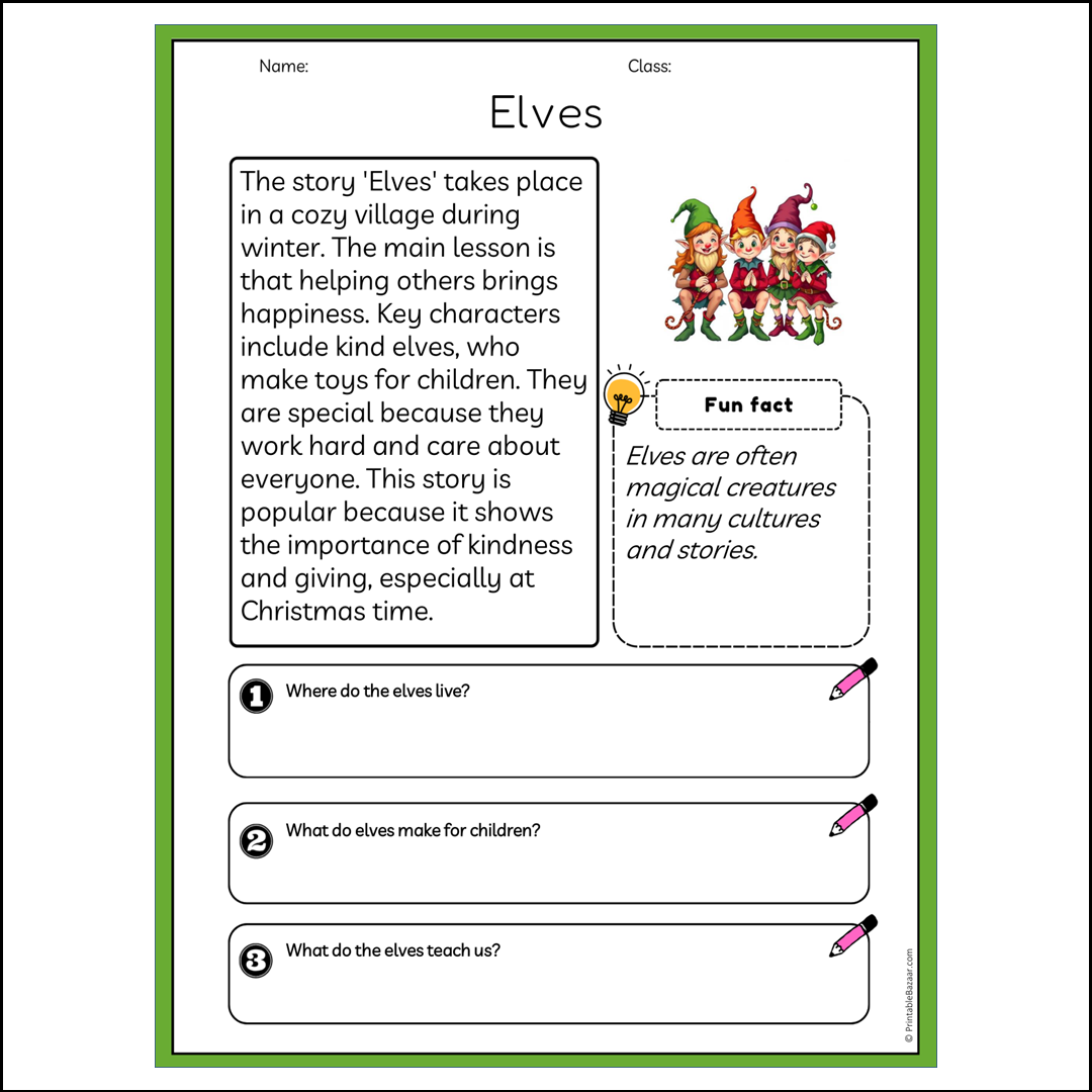 Elves | Reading Passage Comprehension Questions Writing Facts Worksheet