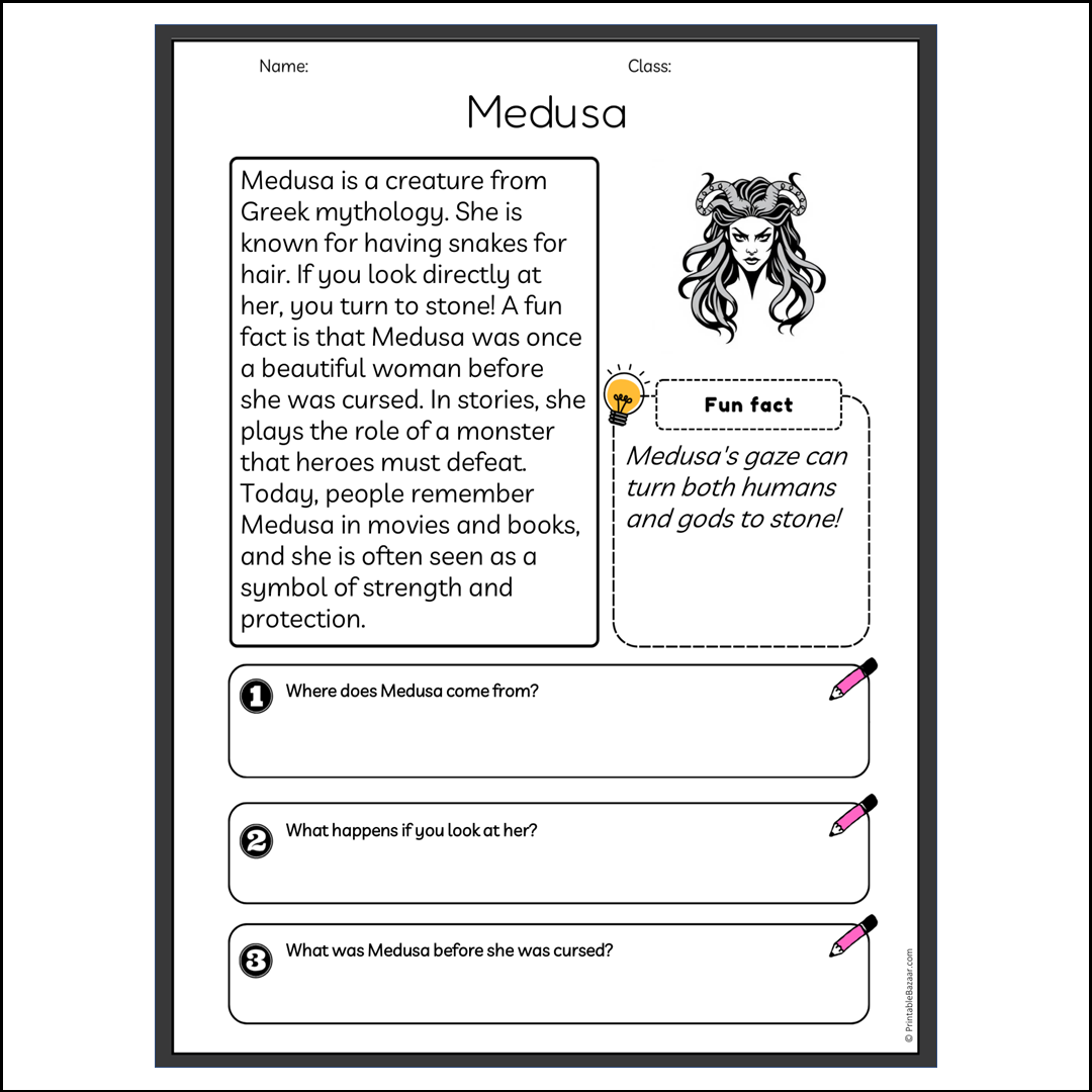 Medusa | Reading Passage Comprehension Questions Writing Facts Worksheet