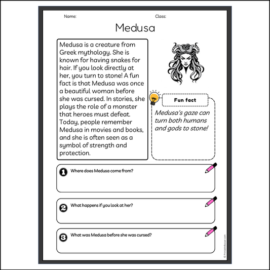 Medusa | Reading Passage Comprehension Questions Writing Facts Worksheet