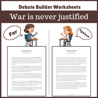 War is never justified | Favour and Against Worksheet Printable Activity