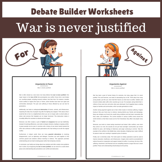 War is never justified | Favour and Against Worksheet Printable Activity