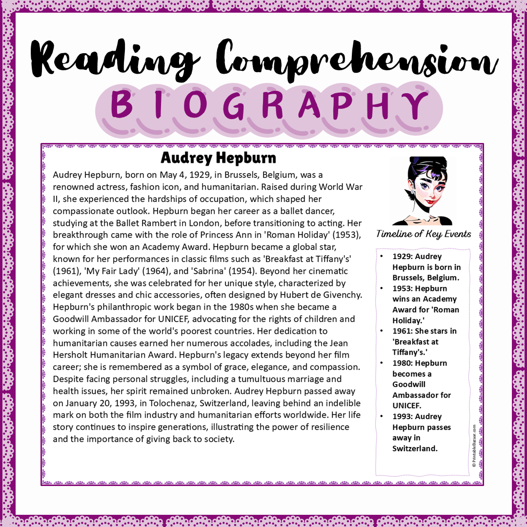 Audrey Hepburn | Biography Reading Comprehension and Questions Worksheet