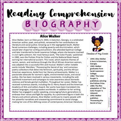 Alice Walker | Biography Reading Comprehension and Questions Worksheet