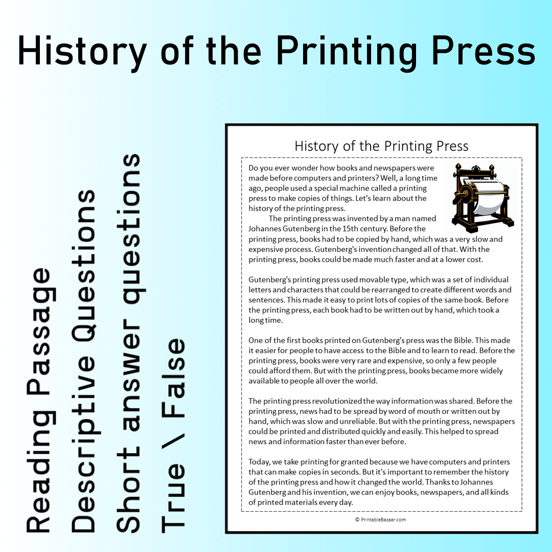 History of the Printing Press | Reading Comprehension Passage Printable Worksheet
