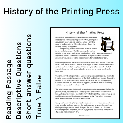History of the Printing Press | Reading Comprehension Passage Printable Worksheet