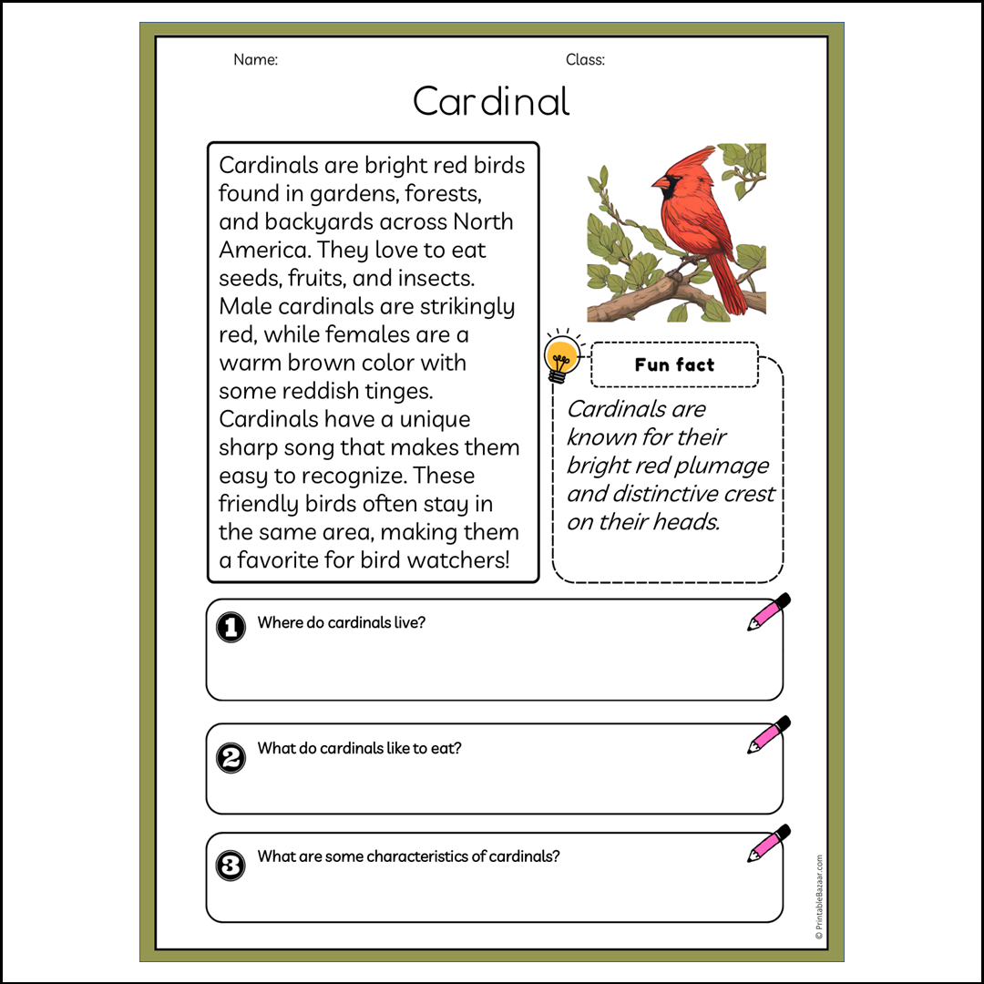 Cardinal | Reading Passage Comprehension Questions Writing Facts Worksheet