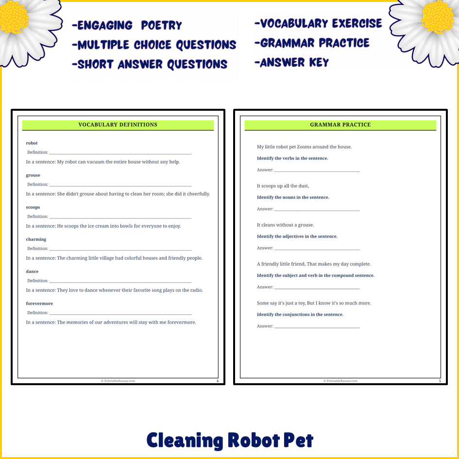 Cleaning Robot Pet | Poem Grammar Worksheet Printable Activity