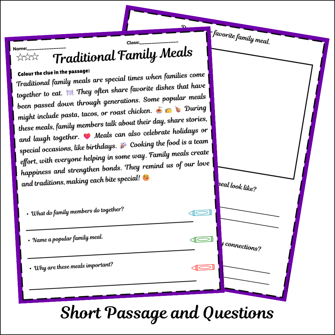 Traditional Family Meals | Short Reading Comprehension Creative Worksheet